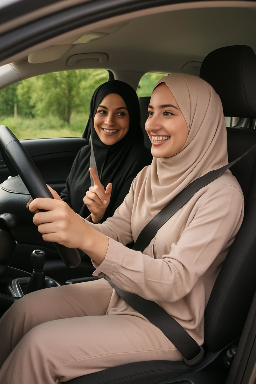 سيدة تتعلم القيادة بثقة خلف المقود